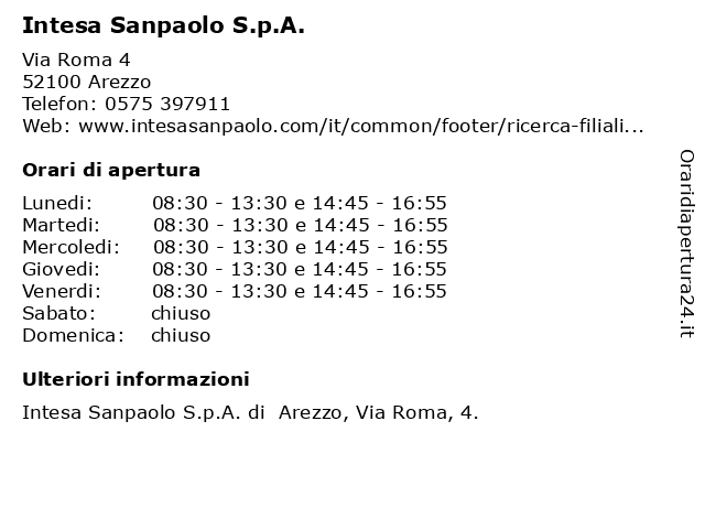 Orari di apertura Intesa Sanpaolo S.p.A. Via Roma